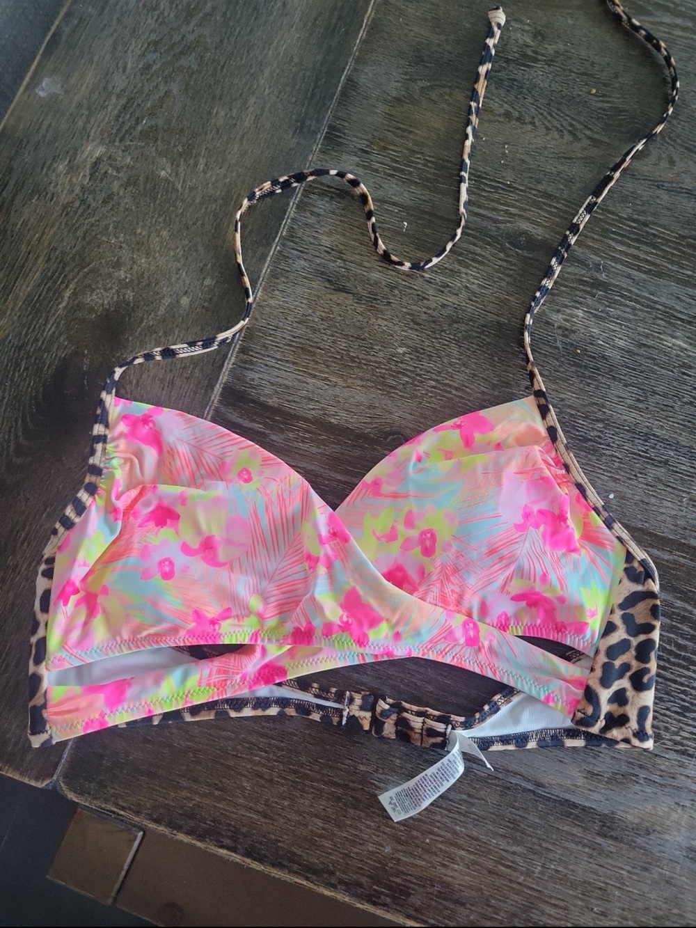 PINK Victoria's Secret Neon Floral Bikini Top with Leopard Trim